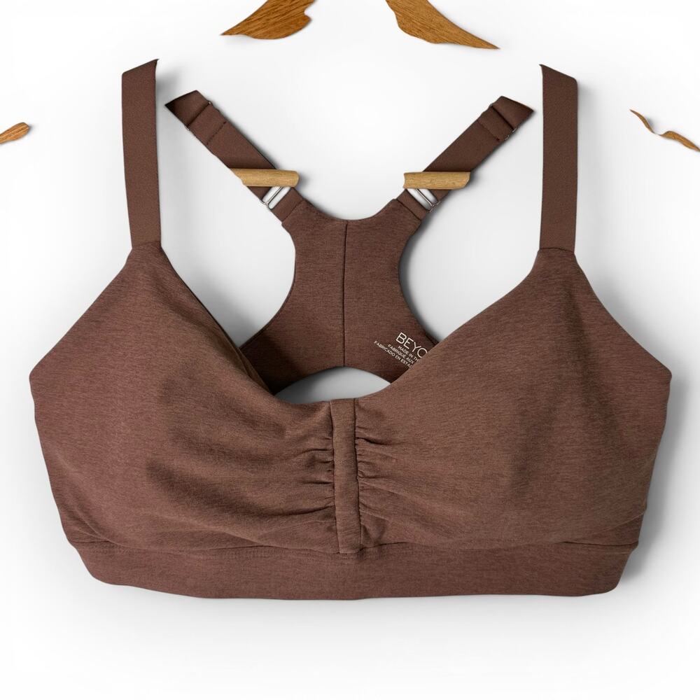 Beyond Yoga Womens On Center Brown Ruched Front Sports Bra Size Large